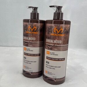 New 2pk Realtree Sandalwood Men 3-in-1 Shampoo Conditioner Body Wash 33.8oz Pump